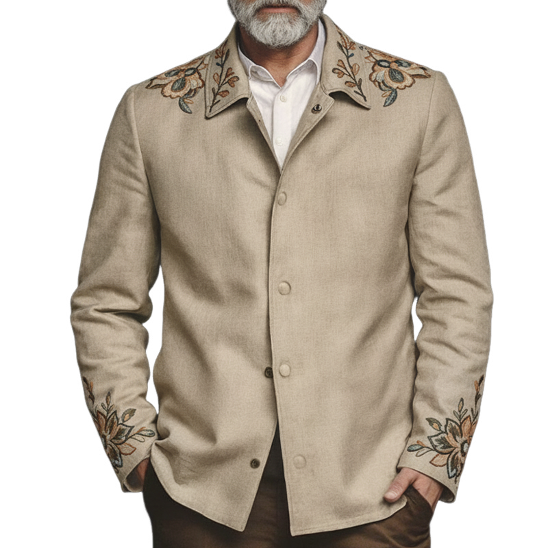Men's Cotton And Linen Vintage Embroidered Lapel Jacket MTA0961I5X