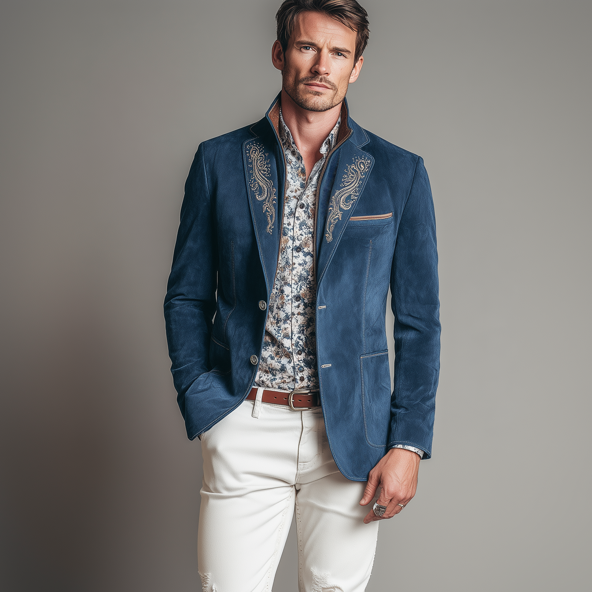 Men's Classic American Retro Embroidered Suede Patchwork Stand Collar Jacket Style Blazer MTA1851H0K
