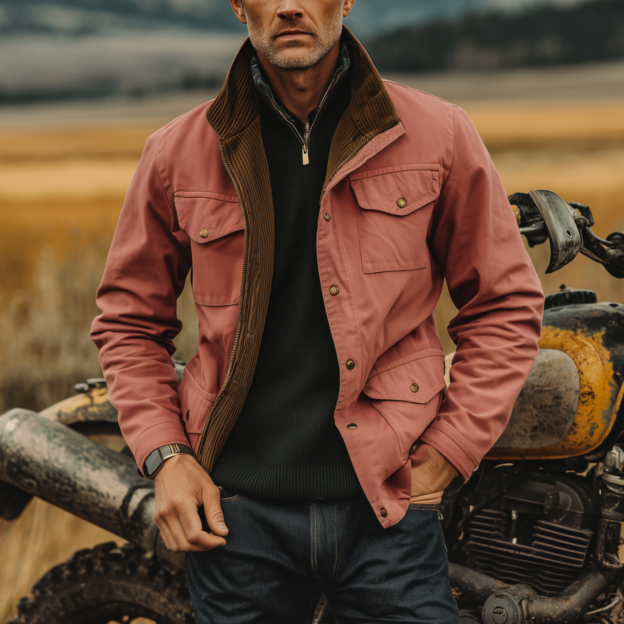 Men's Classic Western Retro Style Stand Collar Multi-pocket Zipper Pink Cotton Blend Jacket MTA0539I7K