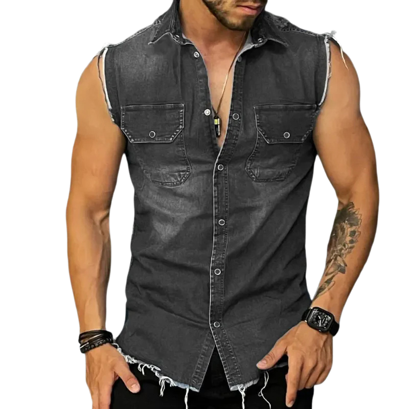 Men's Vintage Lapel Sleeveless Denim Shirt 47486407M