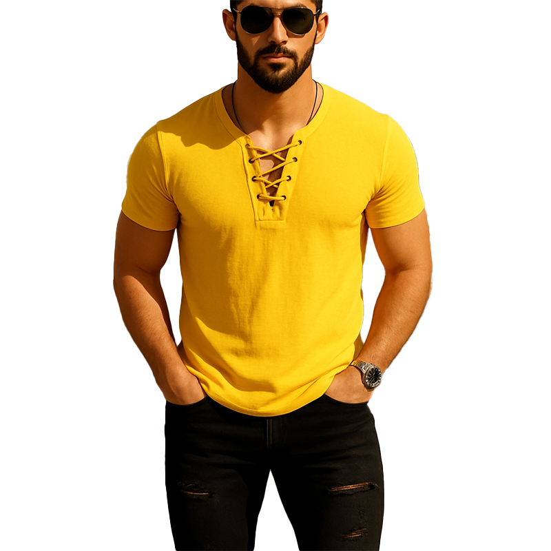 Men's Summer Fashion Lace-Up Thin Linen Short-Sleeved Shirt MTA0404F6P