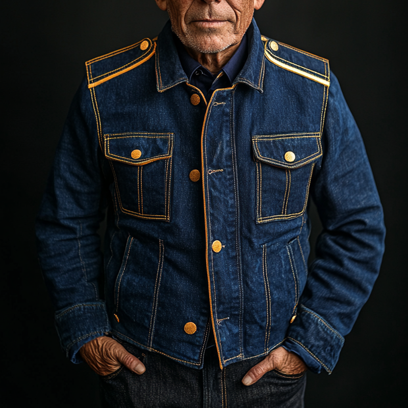Men's Vintage Washed Navy Multi-Pocket Denim Jacket MTA2411G7X