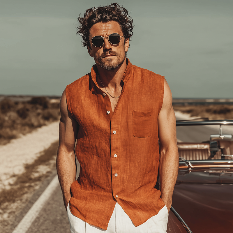Men's Classic Casual Tencel Cotton Linen Stand Collar Sleeveless Shirt MTA0332G9K
