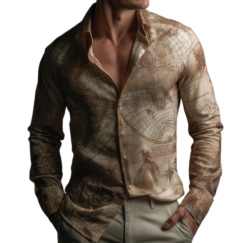 Men's Retro Casual Nautical Map Print Lapel Long Sleeve Shirt MTA3158G8TO