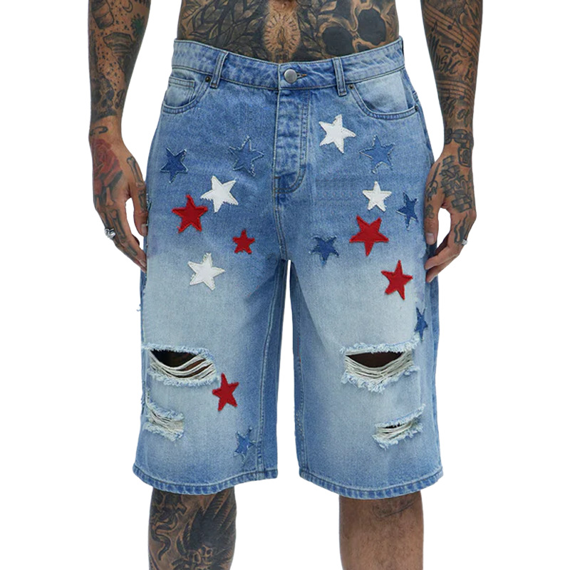 Men's Spring And Summer Fashion Casual Washed Denim Patch Five-pointed Star Decorated Ripped Shorts MTA0955G6K