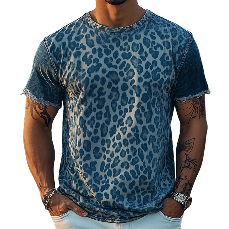 Klassisk herre-T-skjorte i denim med jacquardmønster og leopardprint, retro i western-cowboystil MTA0855E4K