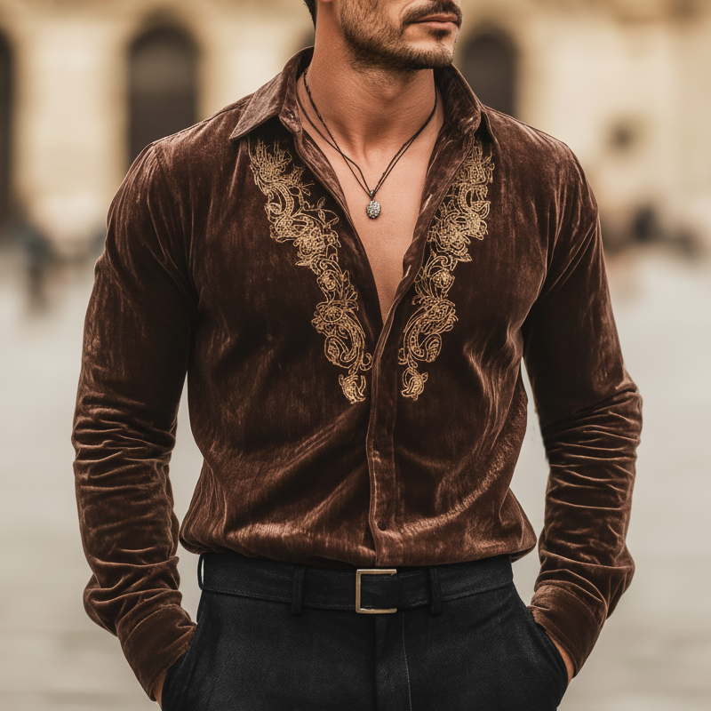 Men's Retro Velvet Exquisite Embroidered Long-Sleeved Shirt MTA2691L2U