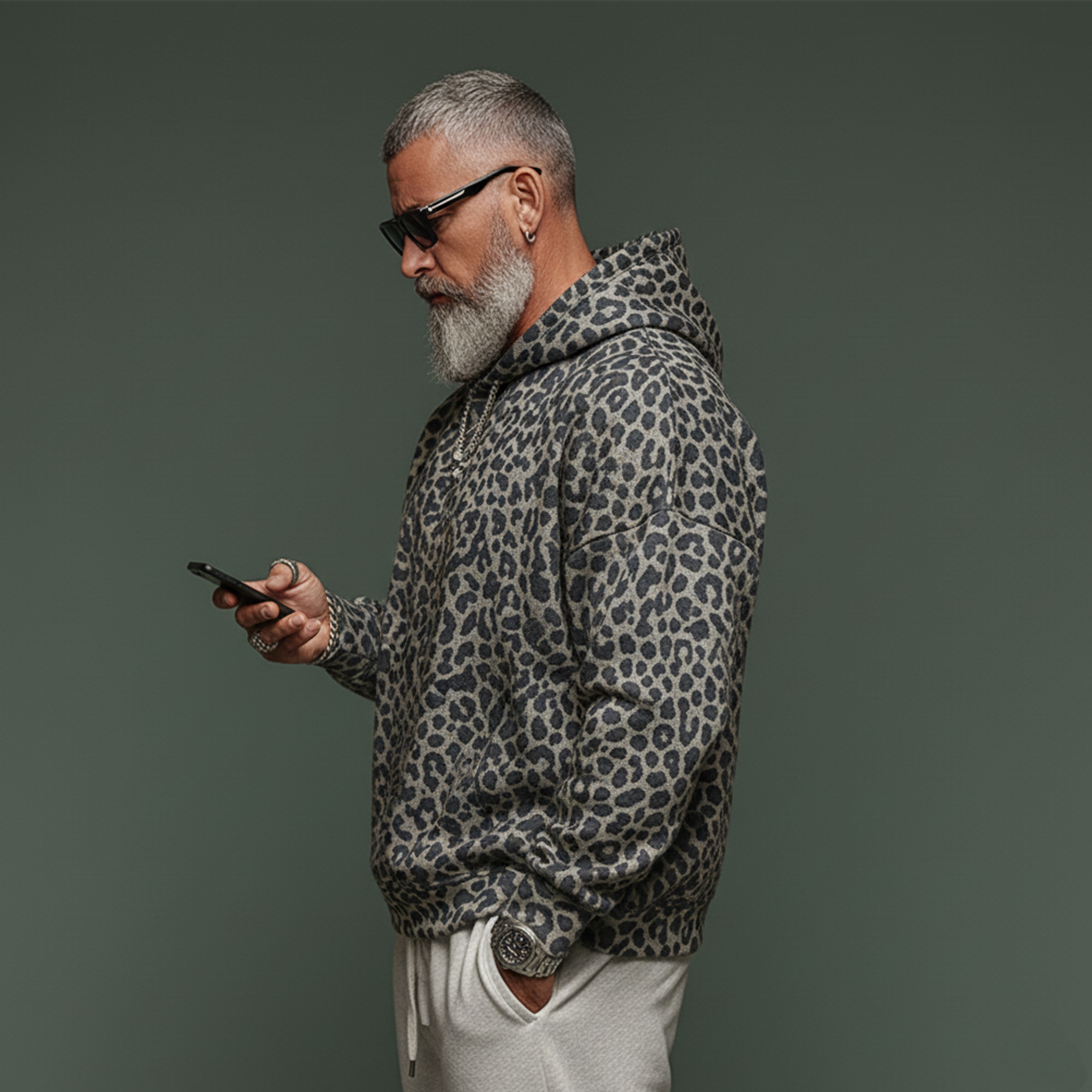 Men's Classic Casual Denim Jacquard Leopard Print Hoodie MTA1223L6K