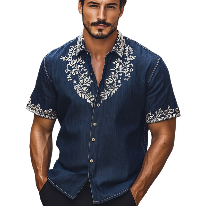 Men's Summer Vintage Silver Embroidered Denim Short Sleeve Shirt MTA2216E5U