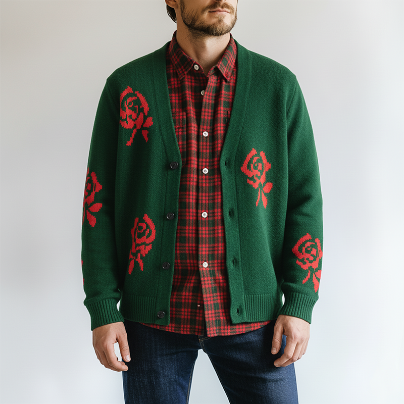 Men's Winter Simple Rose Jacquard Cotton Yarn Knit Cardigan MTA1462K5P