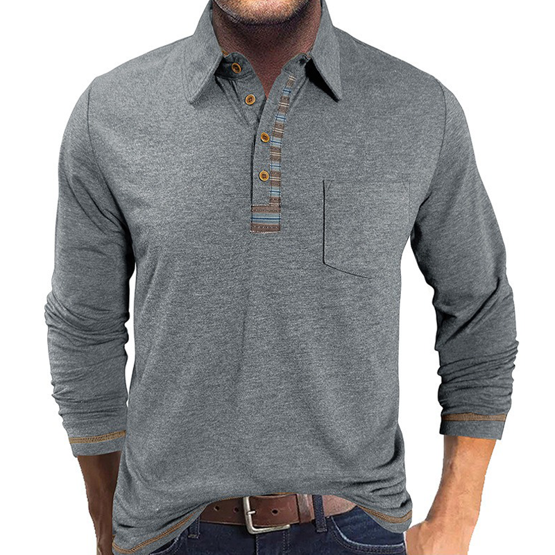 Men's Cotton Blend Contrast Color Long Sleeve Lapel Polo Shirt MTA2921H0X