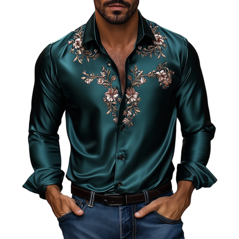 Men's Vintage Flower Embroidery Elegant Solid Satin Lapel Slim Fit Long Sleeve Shirt MTA1944G4M