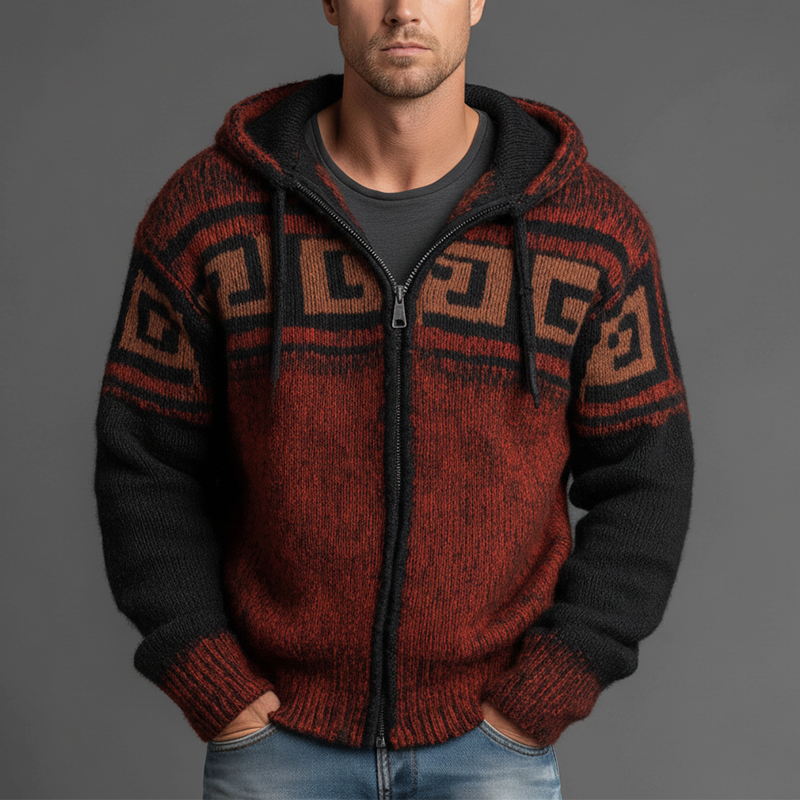 Men's Winter Retro Contrast Color Knitted Jacquard Cotton Yarn Hooded Cardigan MTA2346J1P