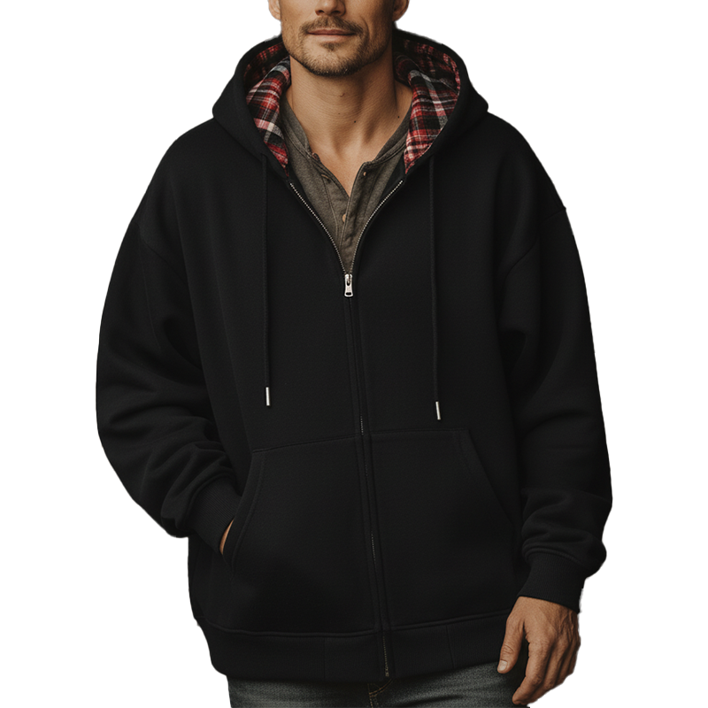 Men's Fashion Plaid Lined Cotton Blended Hooded Zipper Sweatshirt MTA1030J2P
