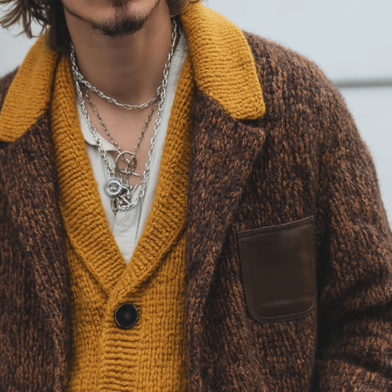 Men's Retro Casual Colorblock Knit Cardigan Jacket MTA1730I1TO
