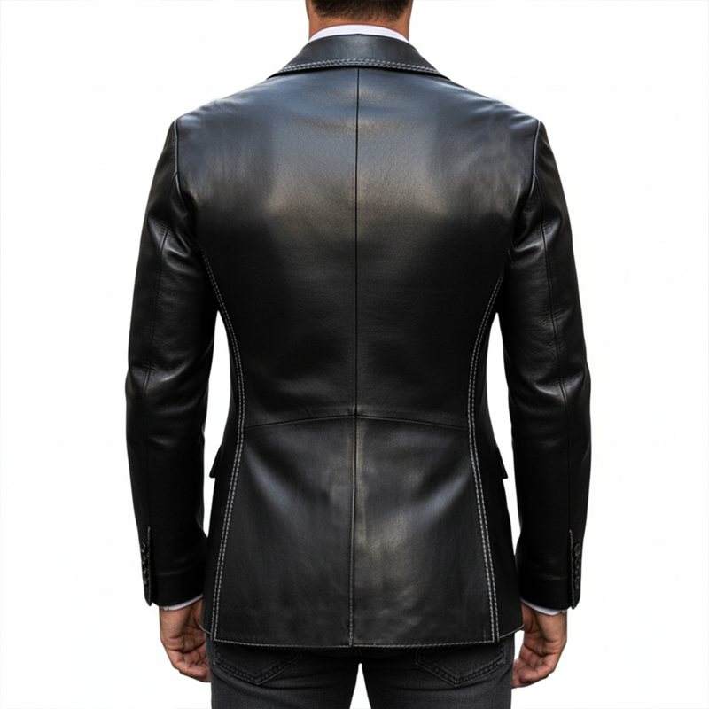 Men's Business Black Double-Breasted Notched Lapel PU Leather Slim Blazer