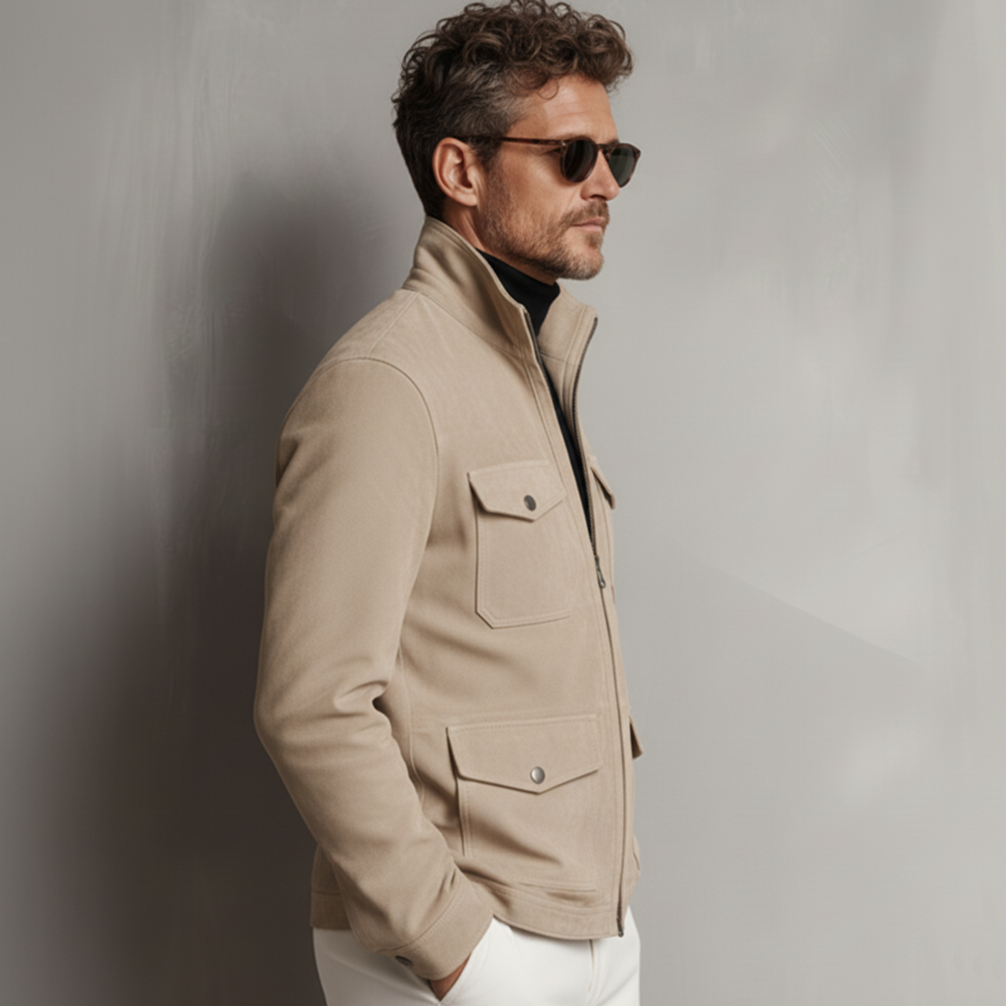 Men's Classic Business Stand-up Collar Multi-pocket Faux Suede Jacket MTA0166K2K