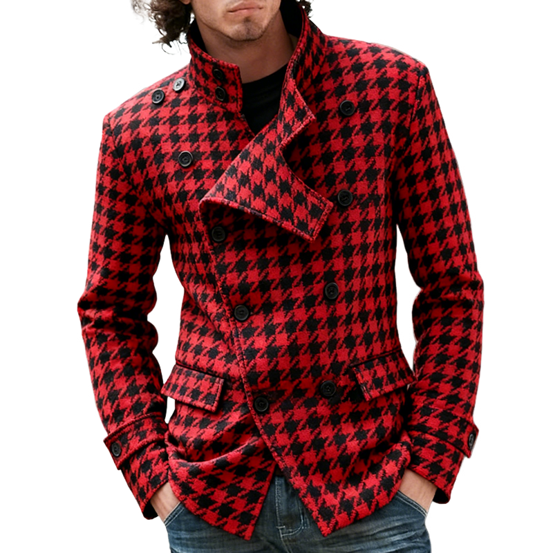 Men's Retro Casual Houndstooth Stand Collar Double Breasted Jacket MTA1728J9TO