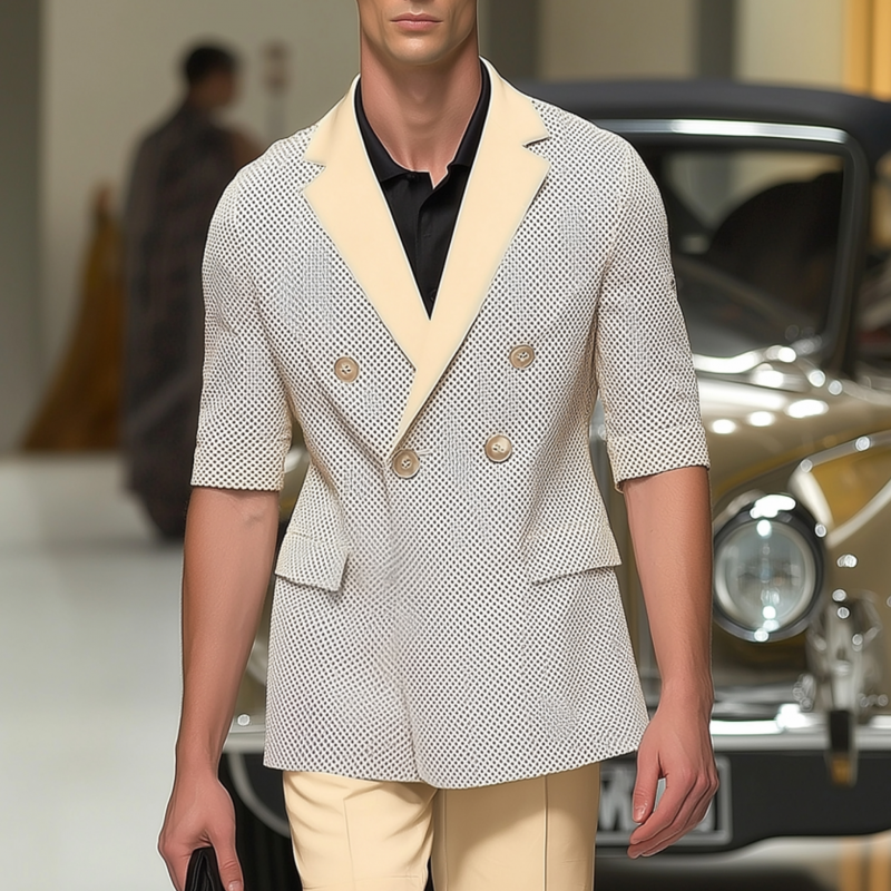 Men's Stylish Polka Dot Contrast Color Stitching Notch Lapel Double-breasted Slim-fit Blazer MTA2732F7M