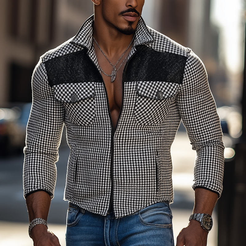 Men's Winter Retro Houndstooth Lace Patchwork Jacket MTA3047J6P