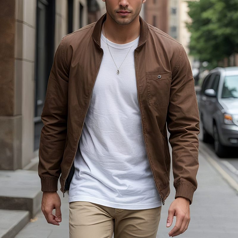 Men's Solid Color Cotton Stand Collar Chest Pocket Zipper Jacket MTA1291I2Z
