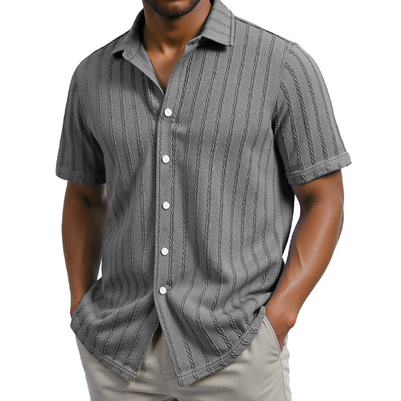 Men's Solid Color Striped Textured Short Sleeve Shirt MTA2551F8X
