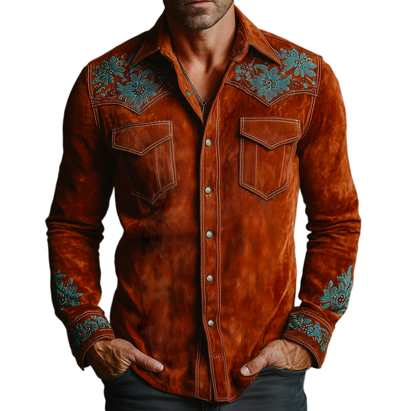 Men's Retro Casual Faux Suede Embroidered Lapel Long-Sleeve Shirt MTA2944J9TO