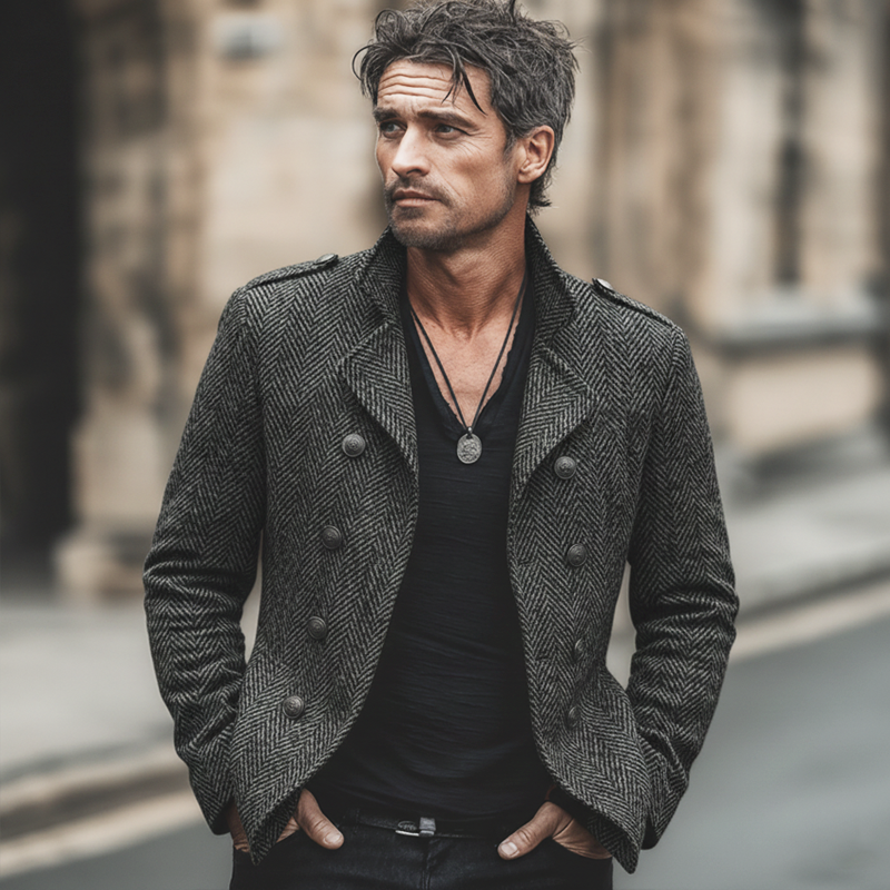 Men's Business Double-breasted Notched Lapel Faux Wool Jacket MTA0112L6U