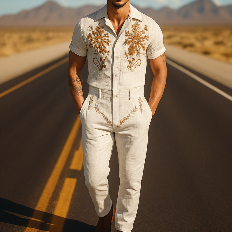 Men's Spring And Summer Fashion American Western Style Cotton And Linen Embroidered Jumpsuit MTA0914F5K