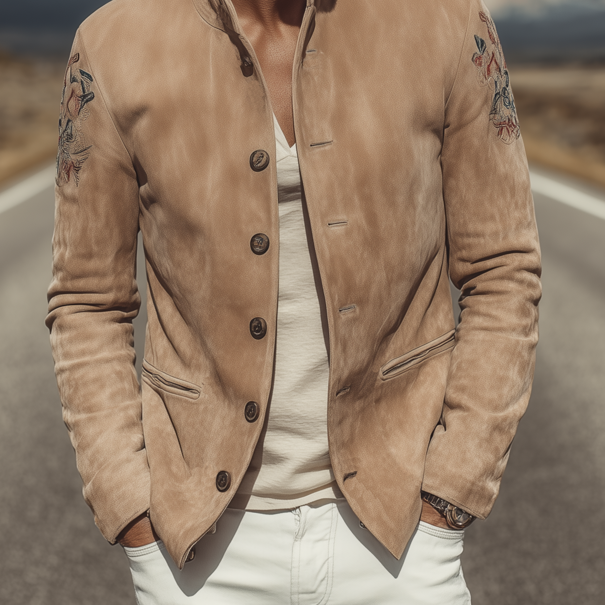 Men's Classic Retro Western Style Stand Collar Embroidered Suede Jacket MTA2127H9K