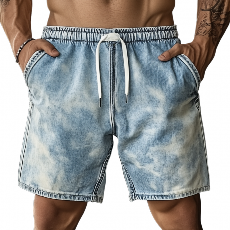 Men's Casual Outdoor Fried Snowflake Washed Loose Elastic Waist Denim Shorts MTA1692F0M