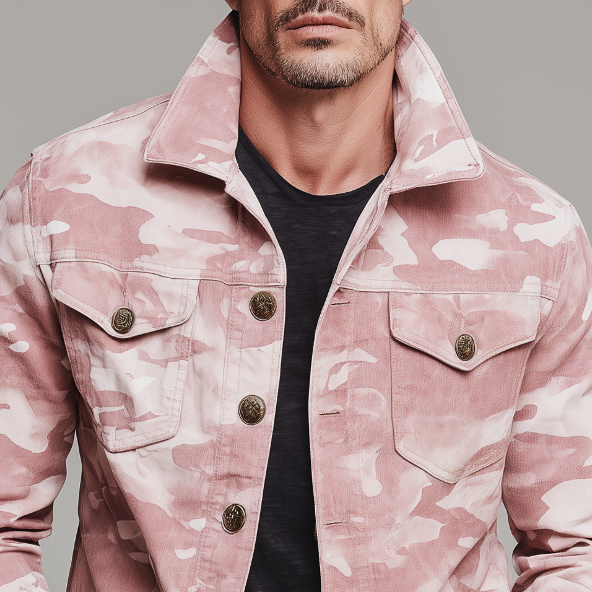 Men's Classic Casual Pink Camouflage Pattern Cotton Blend Lapel Jacket MTA2816H9K