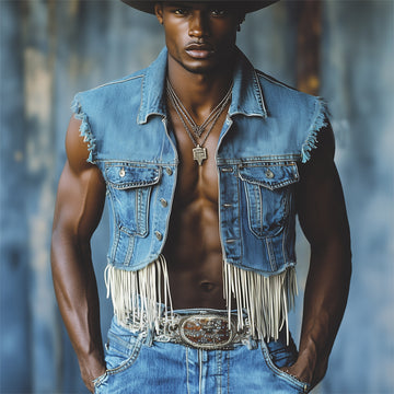 Men's Western Cowboy Style Tassel Denim Vest MTA1428E9U