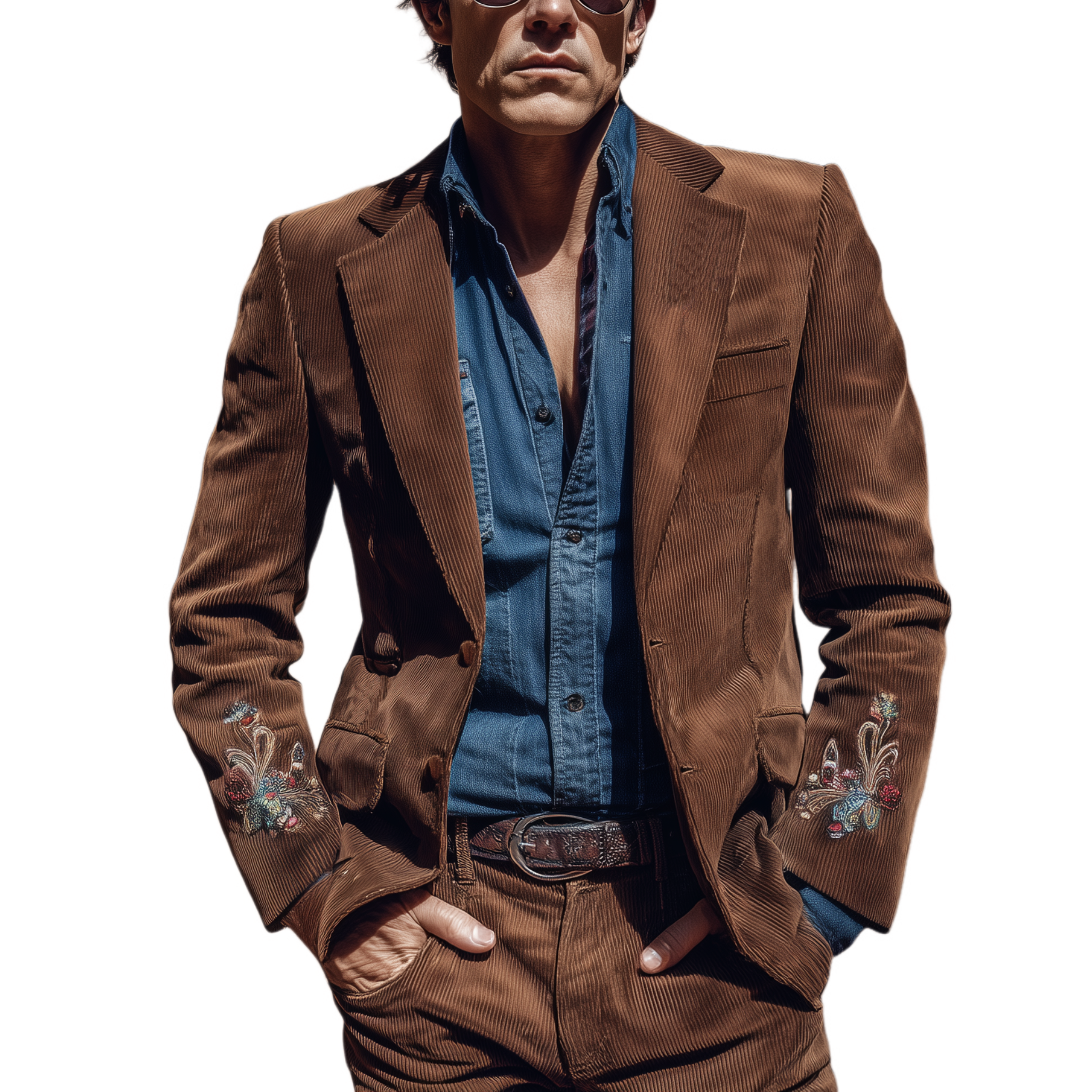 Men's Classic Retro Western Style Single-breasted Corduroy Cuff Embroidered Slim-fit Blazer MTA2187H1K