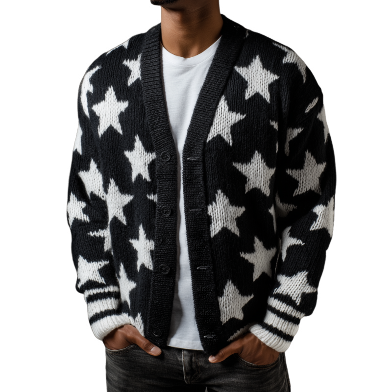 Men's Retro Casual Star Colorblock Knit Cardigan MTA1314H1TO