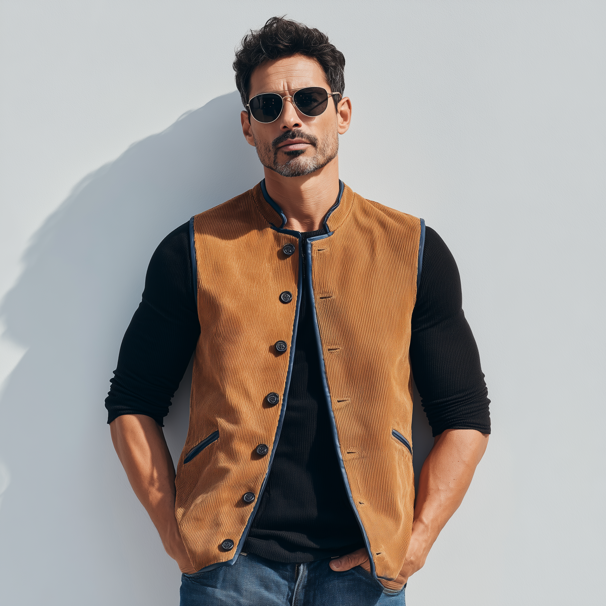 Men's Classic Retro Stand-up Collar Contrasting Color Binding Corduroy Vest MTA3174G4K