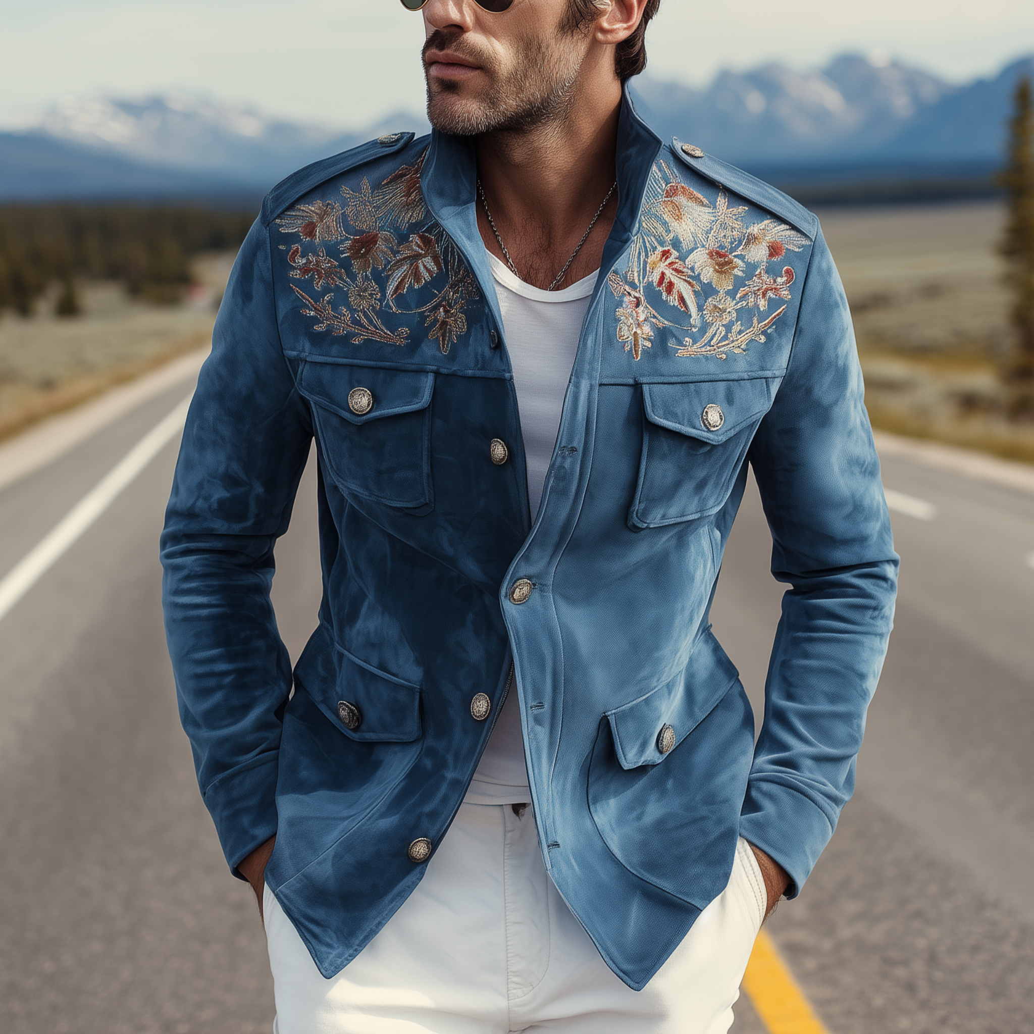 Men's Classic American Retro Western Style Embroidered Suede Multi-Pocket Jacket MTA2067H2K