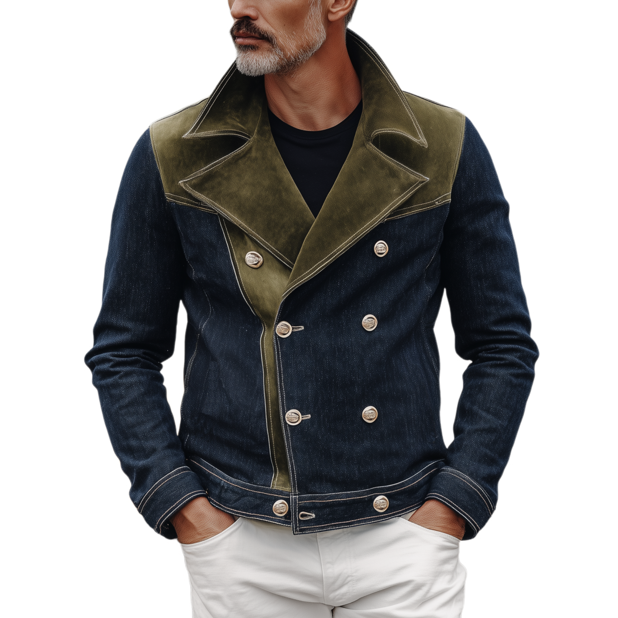 Men's Classic Western Vintage Suede And Denim Lapel Double-Breasted Jacket MTA0319I0K