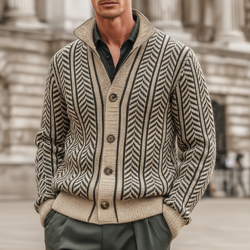 Men's Vintage Herringbone Jacquard Stand Collar Button Knit Cardigan MTA2194J0U