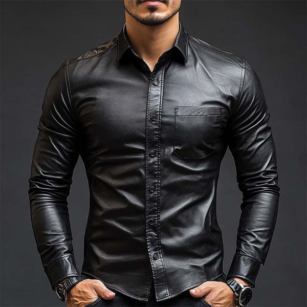 Men's Classic Casual Slim Fit Leather Long Sleeve Shirt 79897850K