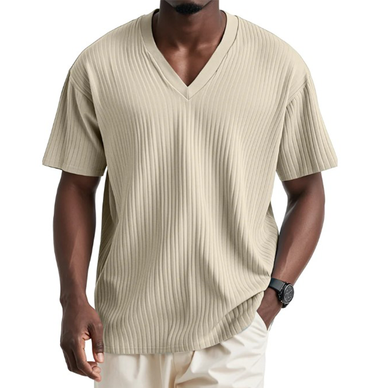 Men's Solid Color Striped Cotton And Linen Short-Sleeved T-Shirt MTA3014G8P
