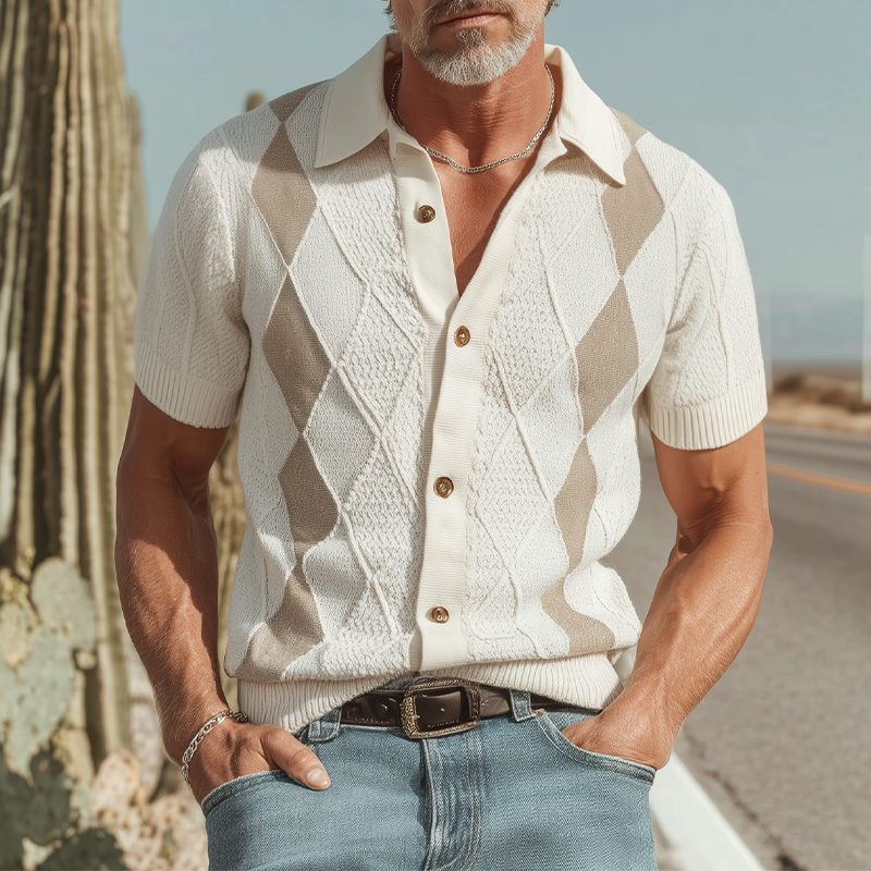 Men's Spring And Summer Fashion Retro Slim Fit Knitted Collar Plaid Short-sleeved Shirt MTA2095F5K