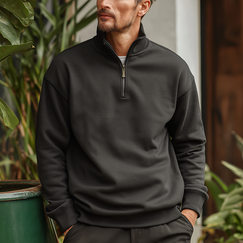 Men's Simple Half-Zip Cotton And Linen Stand-Up Collar Polo Shirt MTA0722H4P