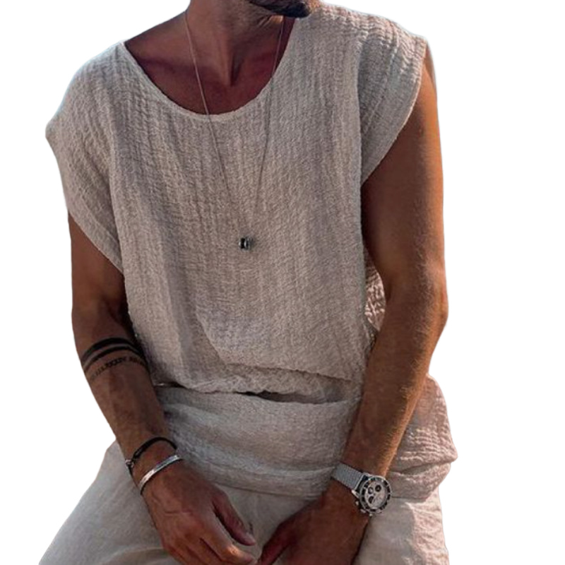 Men's Cotton And Linen Round Neck Solid Color Short-sleeved T-shirt MTA1992G6X