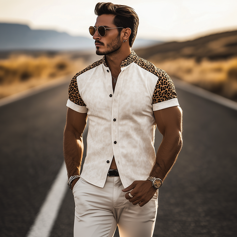 Herre Klassisk retro, fasjonabel vestlig cowboy-stil, slim fit, semsket skinn med leopardmønster, kortermet MTA0851E9K
