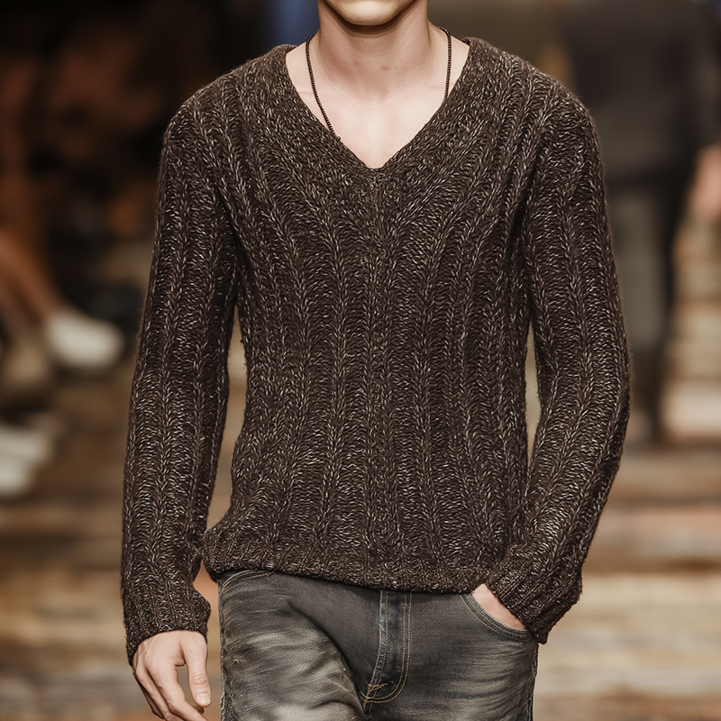 Men's Retro Casual Mixed Color V-Neck Long Sleeve Sweater MTA0314I6TO