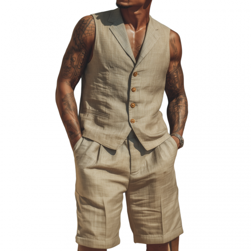 Herre casual pustende ensfarget bomulls- og lin-sett med hakkslag, enkeltspent slim-fit dressvest-shorts MTA1802F7M