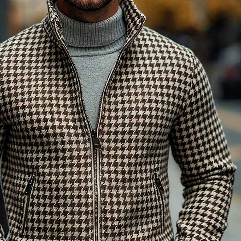 Men's Houndstooth Blend Tweed Lapel Zipper Jacket MTA2445J7X