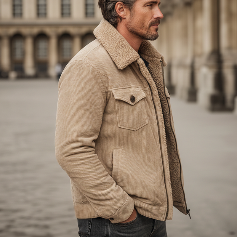 Men's Classic Camel Corduroy And Shearling Lining Zip-up Jacket  MTA0453K9U