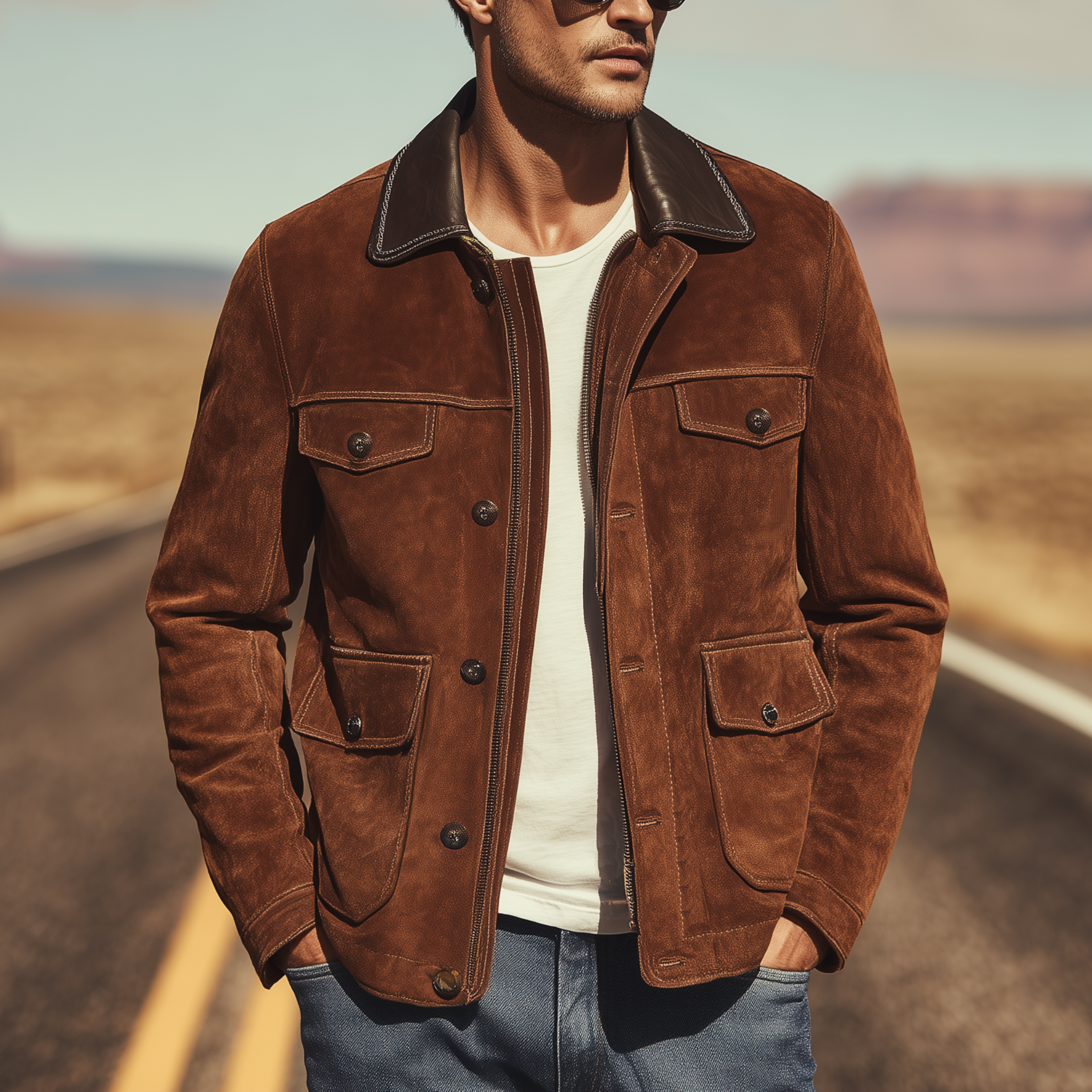 Men's Classic Casual Western Style Pu Leather Collar Multi-pocket Suede Jacket MTA1190H7K